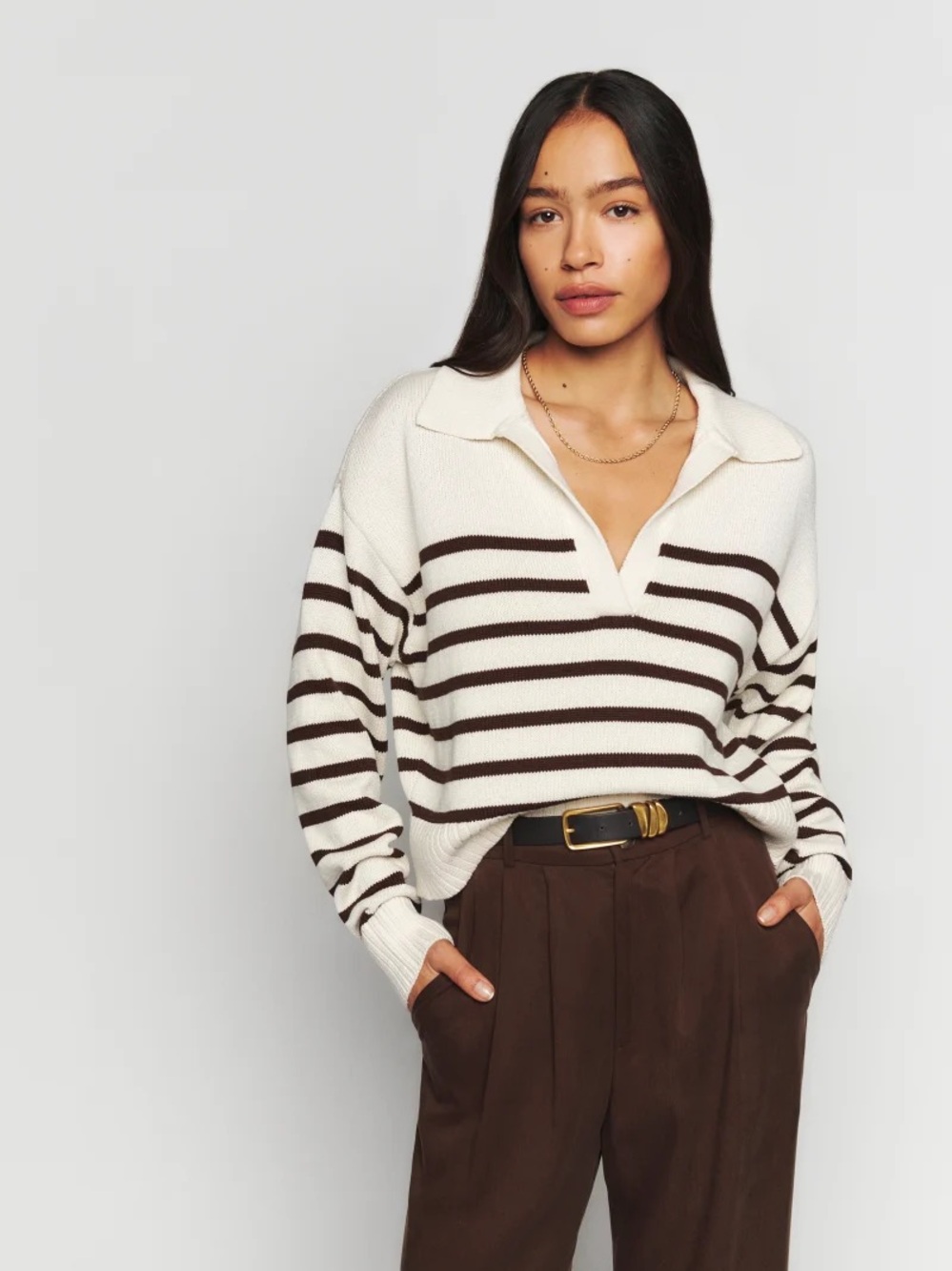 Reformation Francesco knit polo brown and cream